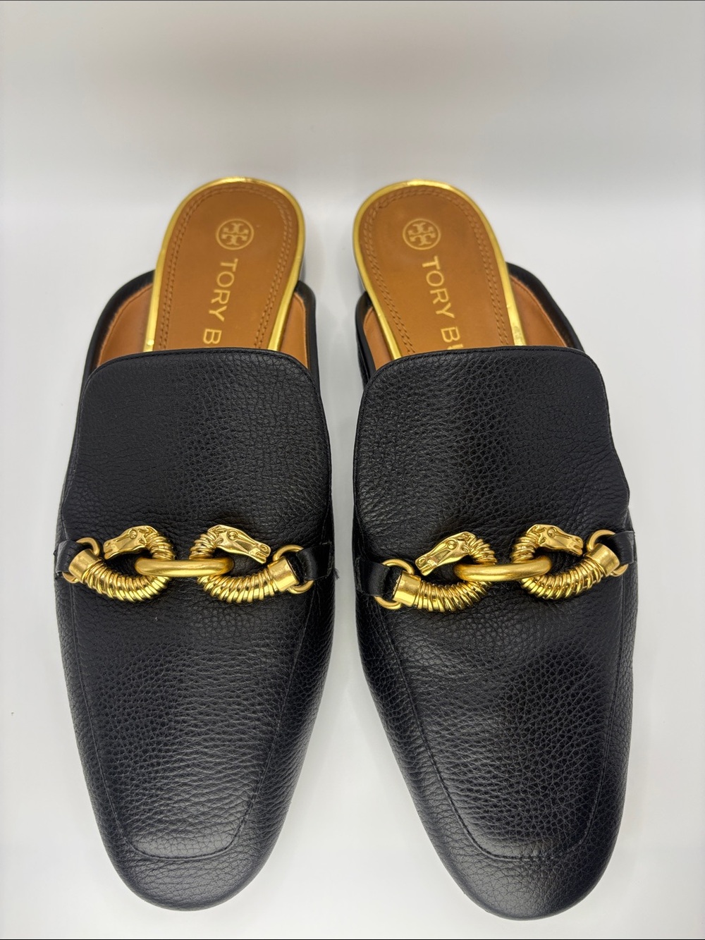 Tory Burch Black Leather Slip-On Mules with Gold Hardware